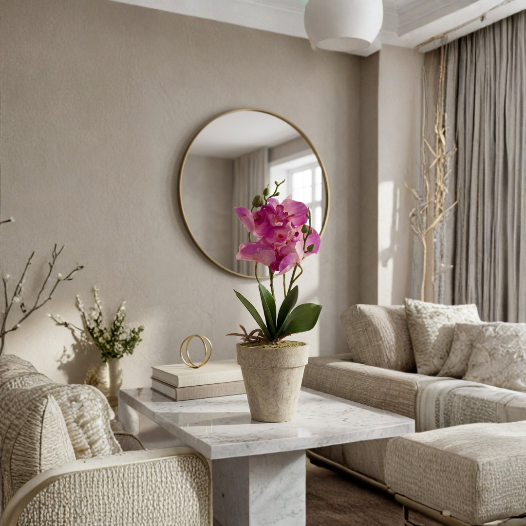 Pink Orchid Artificial Planter in Stone Pot