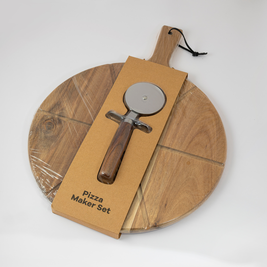 Wooden Pizza Serving Platter with Pizza Cutter