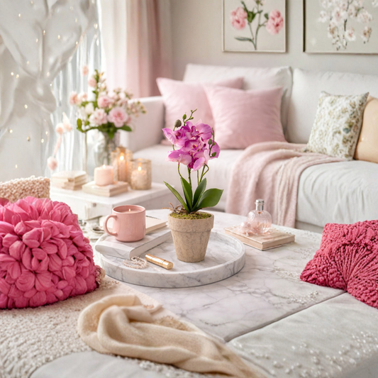 Pink Orchid Artificial Planter in Stone Pot