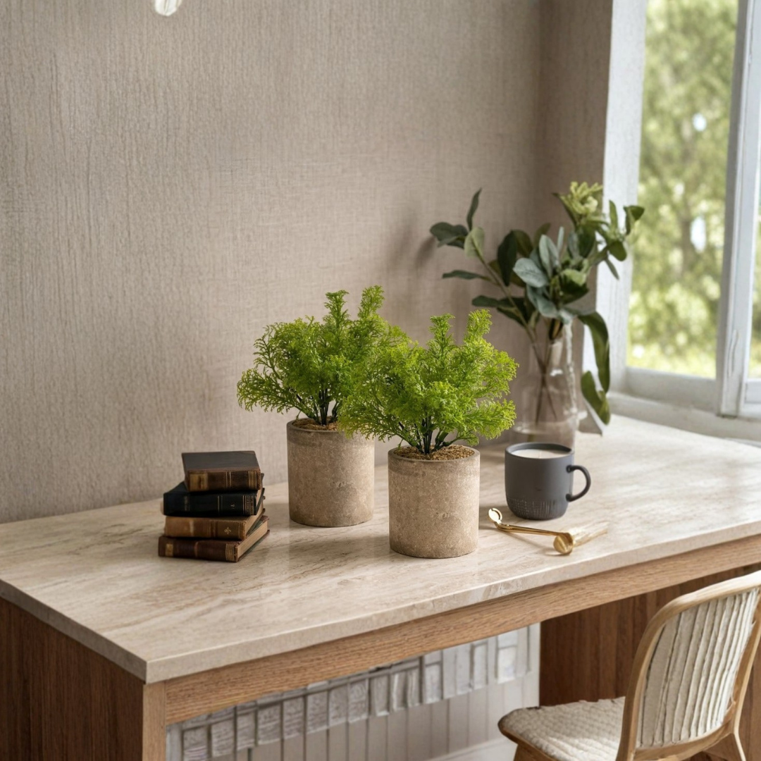 Fern Leaf Artificial Planter in Stone Pot