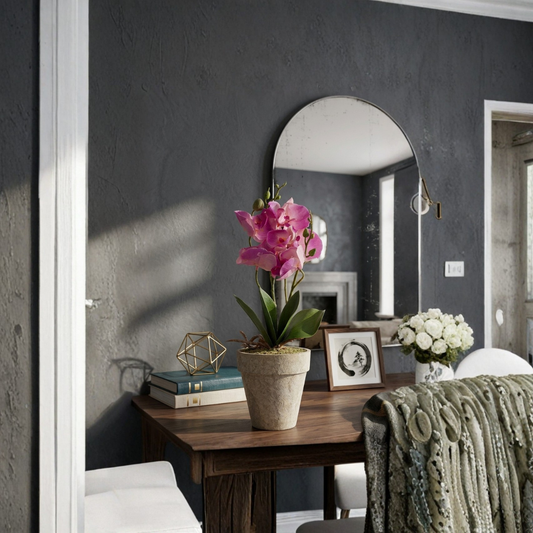 Pink Orchid Artificial Planter in Stone Pot