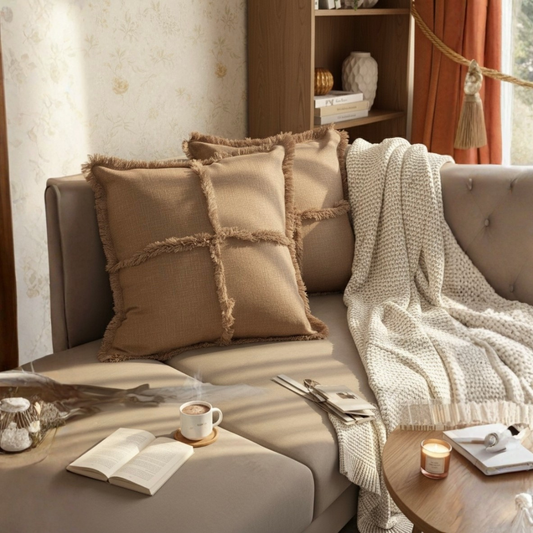Textured Fringe Beige Cushion Cover
