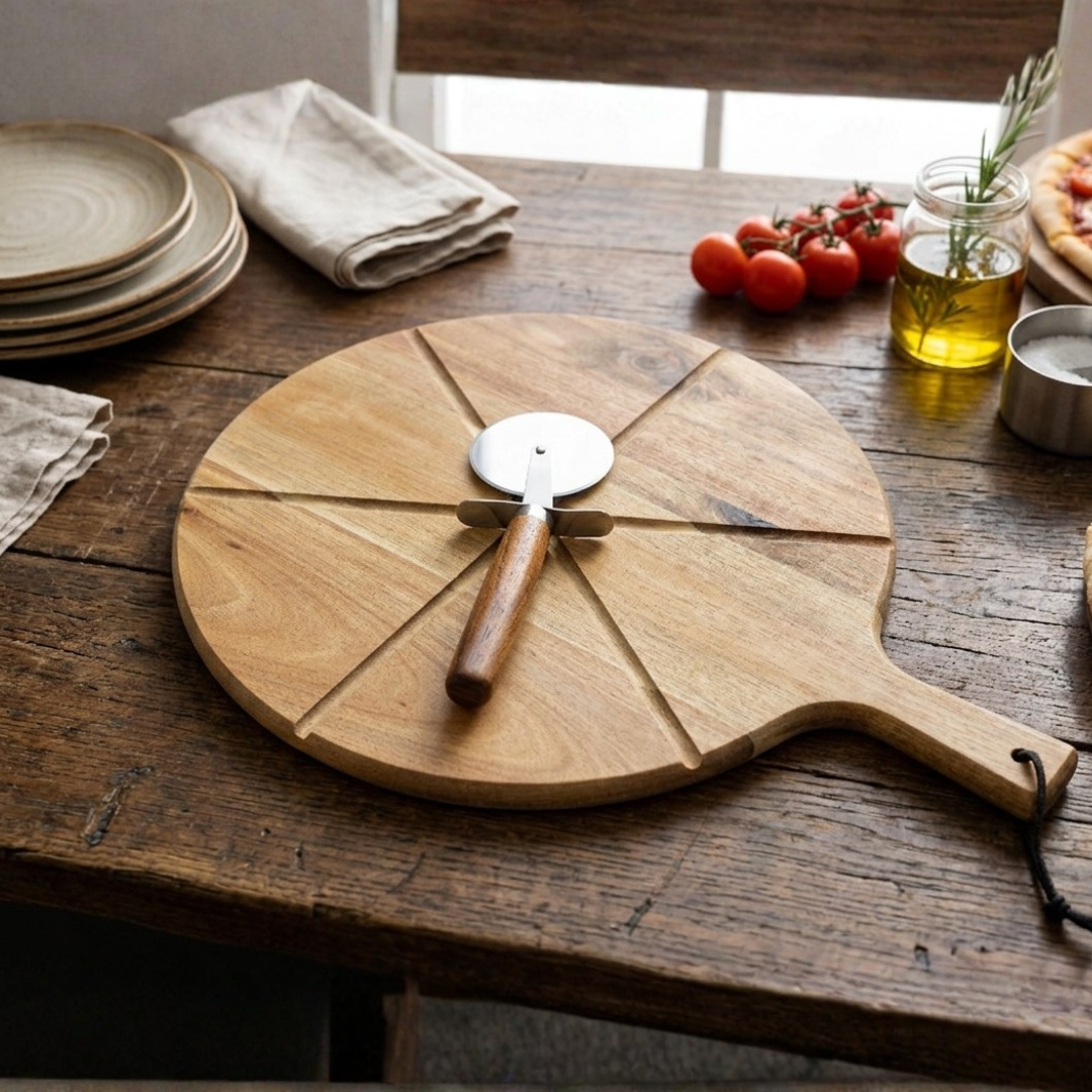 Wooden Pizza Serving Platter with Pizza Cutter