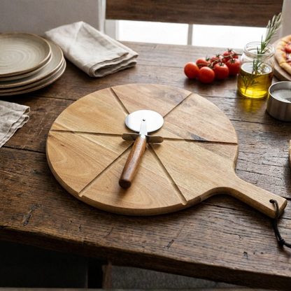 Wooden Pizza Serving Platter with Pizza Cutter